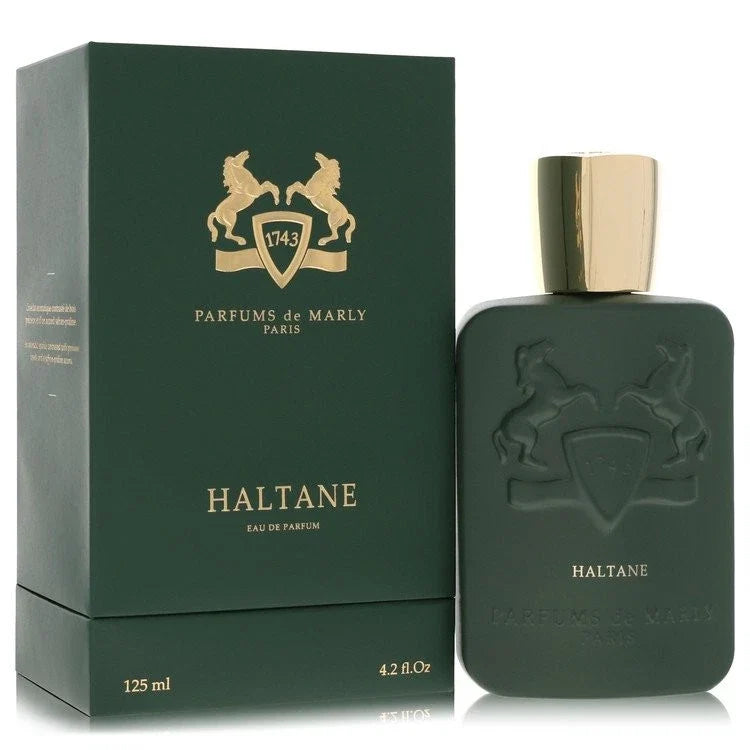 Parfums de Marly Haltane Eau de Parfum bottle in dark green with a gold cap, shown next to its matching dark green box with gold lettering.